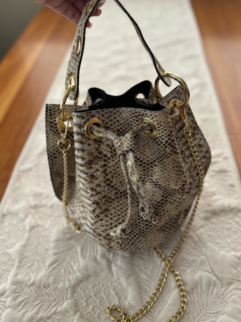 House of Harlow Leather Python-Print Drawstring Bucket Bag in Taupe